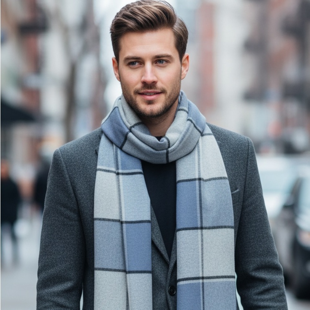 Super SoftDouble sided Plaid & Checked Pattern Blue Toned Long Scarf NEW